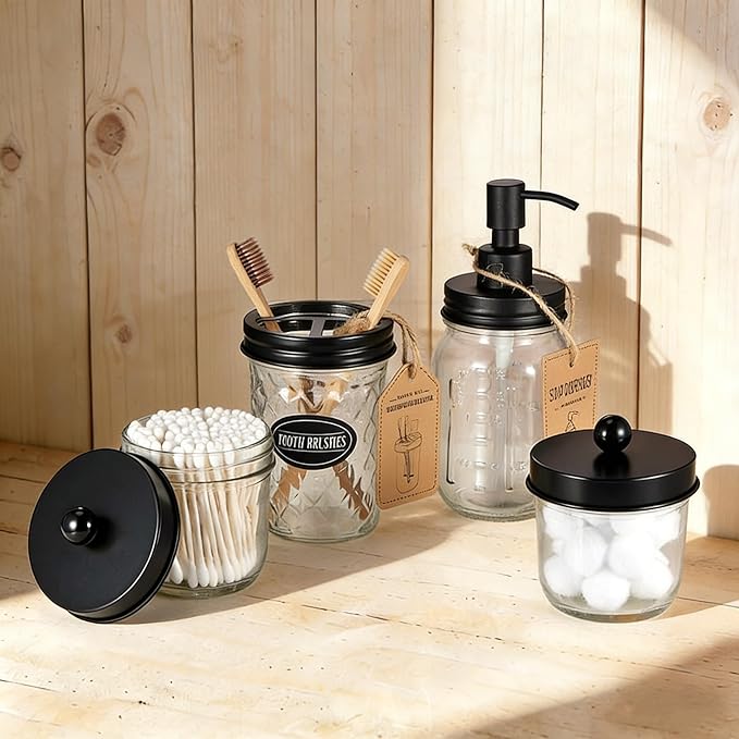 Amolliar 4 Pack Mason Jar Liquid Soap Dispensers, Rustproof Stainless Steel Lid Pump, Waterproof Sticker, Refillable Hand Soap for Bathroom, Kitchen, Dish Soap, Lotion Soap, Farmhouse Decor(Black)