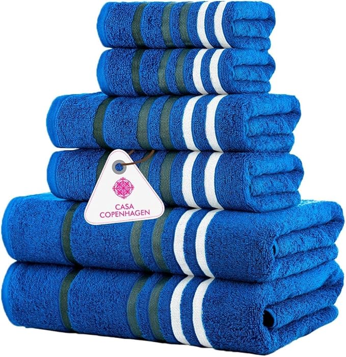 CASA COPENHAGEN Exotic 6Pcs 100% Egyptian Cotton Designer Towels Gift Set- Electric Blue, 550GSM,2Bath2Hand2Washcloths,Bath Towels for Bathroom (Box Pack,Gift Ribbon Set for Women & Men)