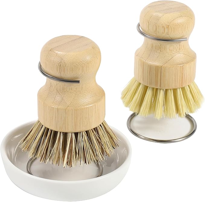 DEBETOOL Bamboo Dish Brush Set with Holder - Natural Dish Scrub Brush for Cleaning Dishes, Fast Dry Design Kitchen Dish Brush for Sinks & Pots