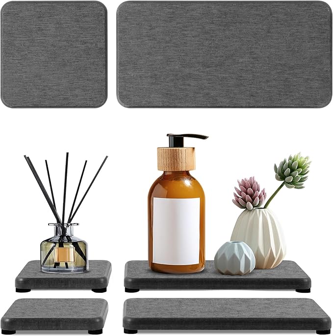 4PCS Water Absorbing Stone Tray, Quick Drying Diatomite Stone Sink Tray, Water Absorbent Diatomite Coasters Used for Hand Soap Dispenser Toothbrush Sponges Holders in Bathroom Counter and Kitchen Sink