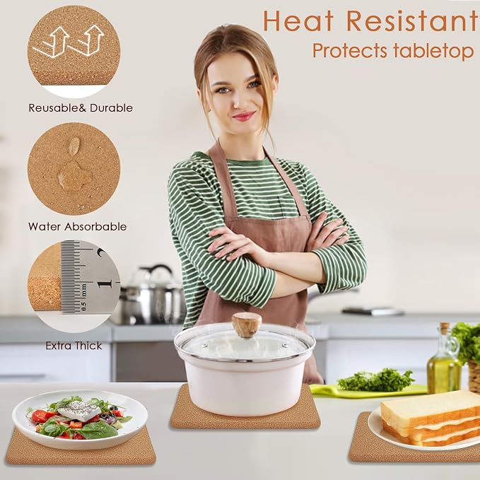 Cork Trivets for Hot Pots and Pans, 6 Pack High-Density Thick Square Pads for Dishes, 8" x 8" Heat Resistant Multifunctional Coasters for Kitchen Countertop Table Cork Hot Pads Trivets for Hot Dishes