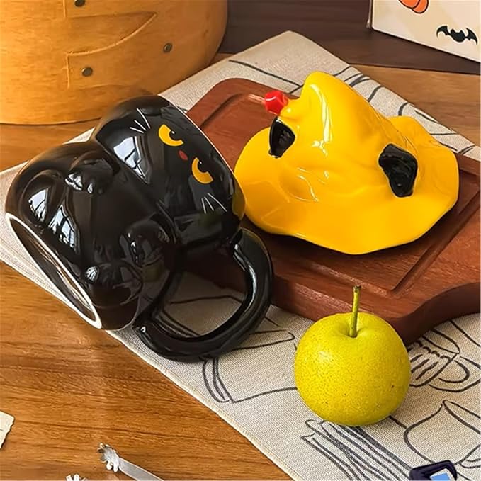 Coffee Mug Cups Ceramic Tea Cup Cute 3D Bichon Frise Dog Shaped Handmade Pottery Cute Mugs Handle Office Home Hot Ice Chocolate Milk Mugs Gifts Microwave Dishwasher Safe 14 Oz Travel Mug (Black cat)