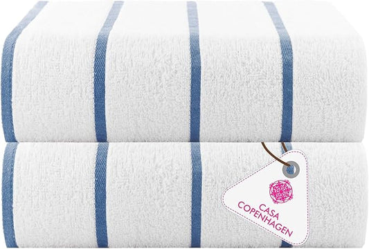 CASA COPENHAGEN Cabana Pool 2Pcs 100% Egyptian Cotton XL Designer Bathsheet Beach Towels Gift Set- White Indigo, 500GSM, 35"x70", Bath Sheet Beach Towels (Box Pack, Set for Women & Men)