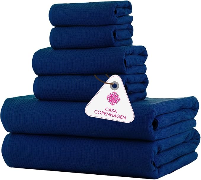 CASA COPENHAGEN Waffle 6Pcs 100% Egyptian Cotton Large Designer Towels Gift Set- Navy, 2Bath 2Hand 2Washcloths, Bath Towels for Bathroom (Box Pack, Set for Women & Men)