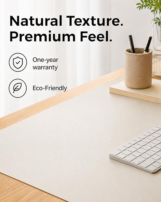 Aothia Cork Desk Mat - Dual-Sided Extra Large Desk Pad & Keyboard Mat, Long PU Leather Desk Protector, Waterproof Desktop Blotter (47" x 17", Off-White)