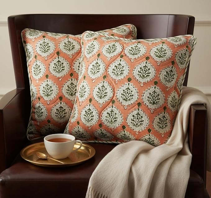 ATOSII Block Print Throw Pillow Covers, 18" X 18" - Set of 2, Decorative Couch Pillows for Living Room Bed Sofa, 100% Cotton Canvas Pillow Case for Home Decor & Outdoors, Preppy Throws - Kari