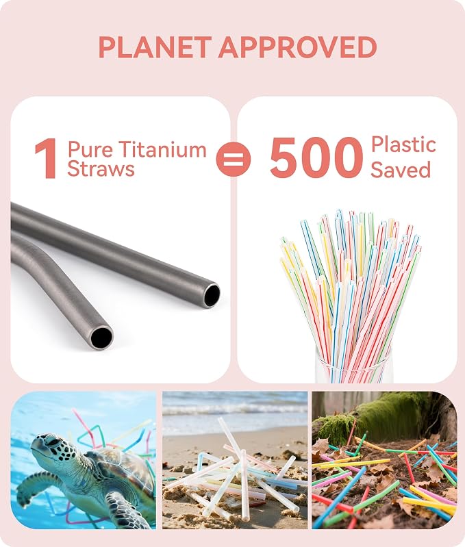 Heavy - Duty Titanium Straws 8.5" Reusable for 20 oz Tumlbers | Metal Drinking Straws for All Kinds of Hot & Cold Drinks, Eco Conscious, BPA Free with Cleaning Brush(Light Pink)