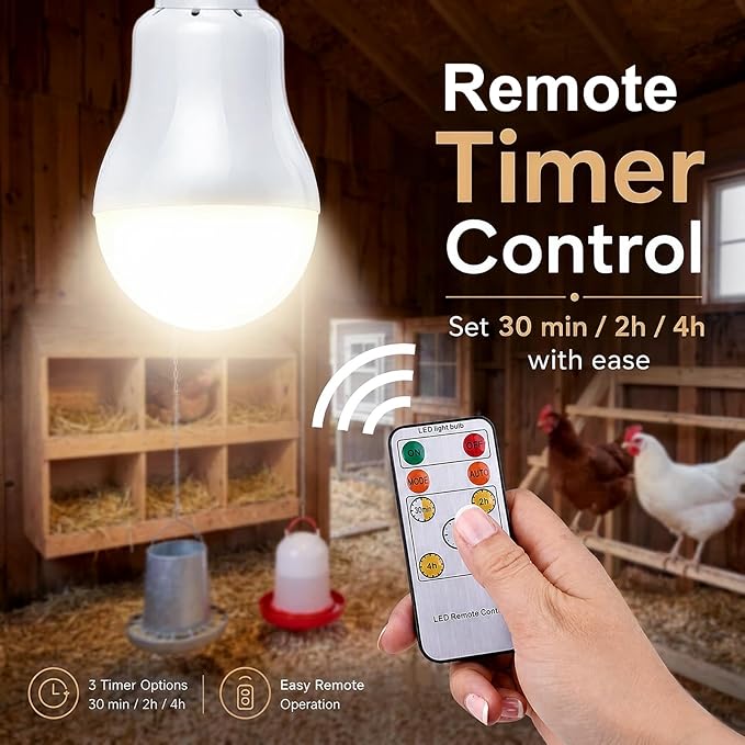Chicken Coop Light with Timer, Dusk to Dawn Rechargeable Solar Light Bulbs for Indoor Home, Outdoor Camping Lamps for Tent, LED Solar Lights for Shed Night, Emergency Power Outage, Outside