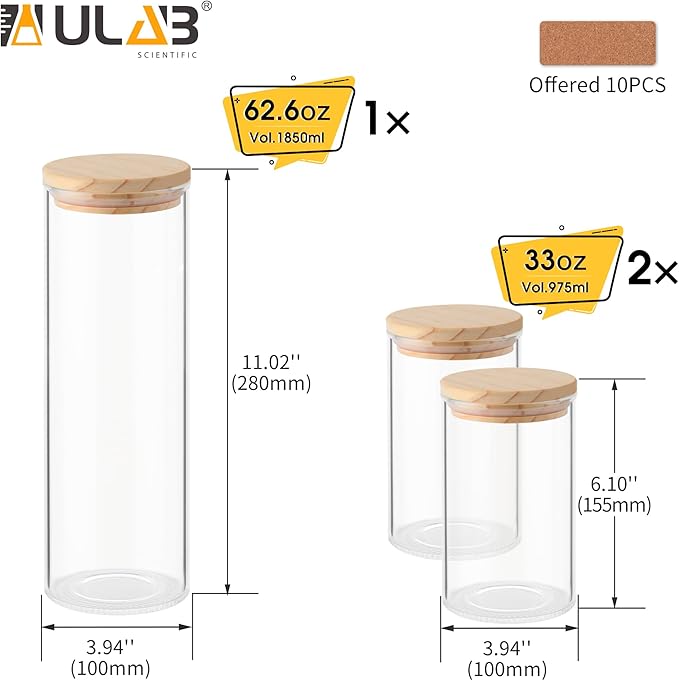 ULAB 3.5mm Thick Glass Food Container Set with Lid, 2PCS of 33oz,1pc of 62.6 OZ Clear Storage Jar, Glass Airtight Canisters set for Cookie, Pasta, Coffee Beans, USJ1006