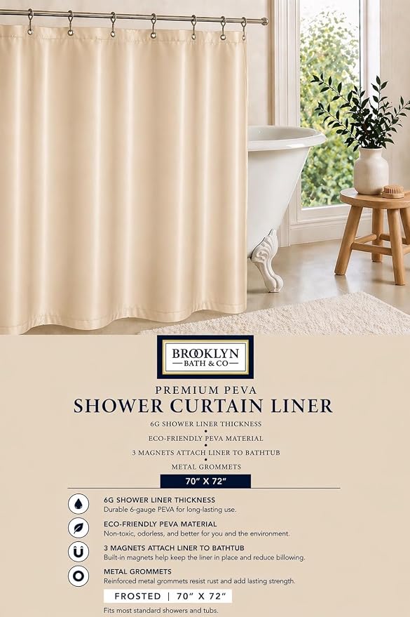 Home Expressions Brooklyn Bath & Co. Premium PEVA Shower Curtain Liner – Beige, 70 x 72 Inch, Waterproof Heavy Duty Shower Liner with Rustproof Grommets & 3 Magnets (Beige)