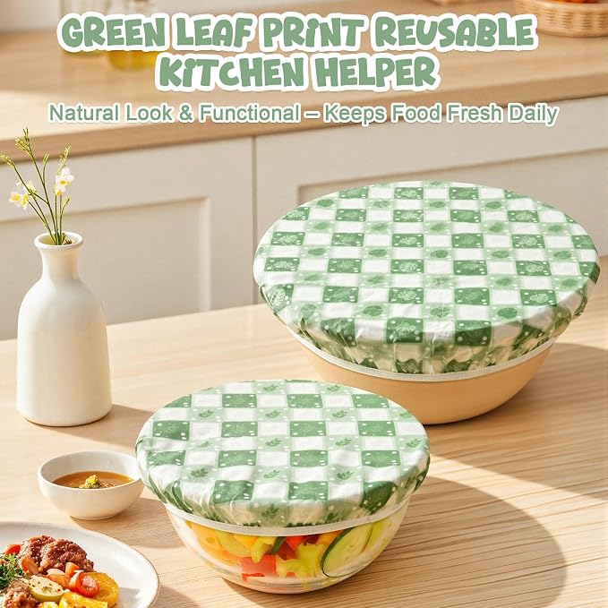 2-Pack Reusable Beeswax Bowl Covers with Green Leaf Pattern, 10/12 Inch Elastic Cotton Food Storage Covers for Bread Proofing, Sourdough Dough & Kitchen Containers