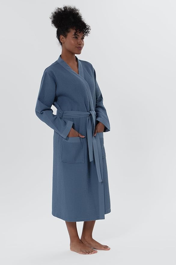 SEYANTE Women's Organic Cotton Waffle Kimono, Hooded Robe – GOTS Certified Lightweight Full-Length Spa Bathrobe with Piping