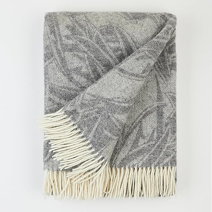 | Wool Blanket/Throw | 100% New Zealand Wool | Perfect for Home and Outdoors | Virgin Wool Blanket with Fringes 55"x79" (140 x 200 cm) (Gray Leaves)