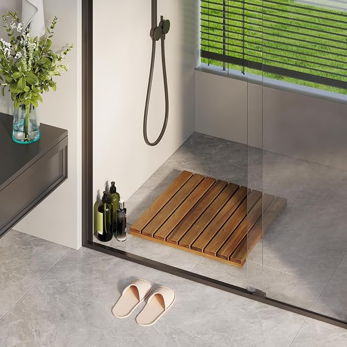 Solid Acacia Wood Shower Mat, Non Slip Bathroom Mat (19.6"×19.6“, Medium) Sturdy Floor Mat for Spa Home or Outdoor Shower, Easy to Clean, Quick Drying