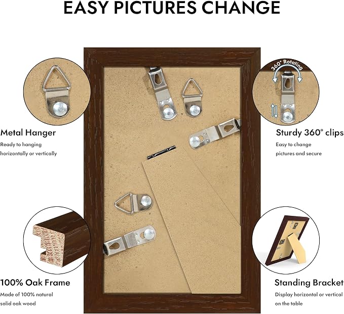 Hongkee 3x5 Oak Wood Picture Frame (1 Pack, Walnut) with Real Glass Cover | Solid Wood 3 x 5 Small Frame for Wall or Tabletop Display - Includes Easel Back, Vertical Hang - Ideal for Home, Office