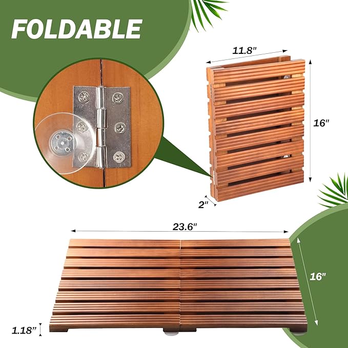 Teak Shower Mat, Foldable Luxury Wooden Shower Mat for Bathroom, Non-Slip Teak Bath Mat for Bathtub, Spa, Sauna, Pool, Indoor Outdoor Use, Wood Floor Mat for Home and Travel
