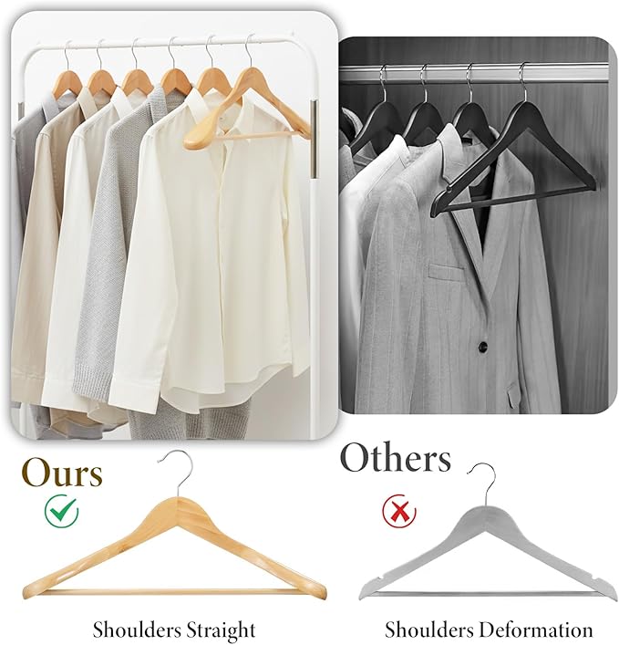 10 Pack Wooden Hangers, Heavy Duty Wide Shoulder Hangers with Non Slip Pants Holder, Solid Wood Jacket Clothes-Hangers with 360 Swivel Hook and Strong Pant Bar for Sweater, Pants, Coats(Natural)