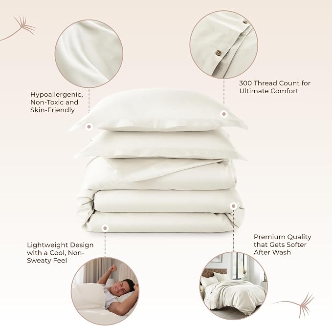 100% Organic Cotton Duvet Cover King Size - Naturally Soft Lightweight & Cooling Duvet Cover Set with Decorative Shams - Premium GOTS Certified 300 Thread Count Sateen Weave (Natural, King)