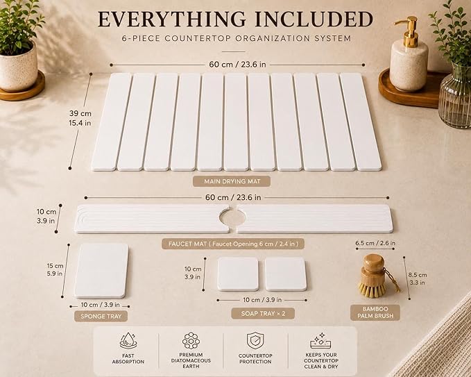 6-Pack Large Stone Dish Drying Mat for Kitchen Counter 23”x15” - Quick-Dry Absorbent Diatomaceous Earth Mat Set - Stone Faucet Mat 4"x23" + 3 Stone Trays 4"x8", 4"x4"+ Bamboo Palm Brush (White)