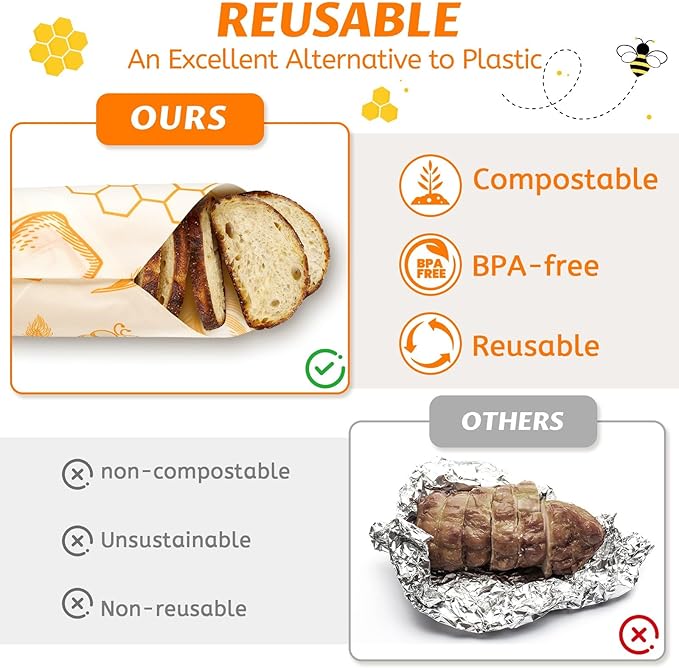 Beeswax Wraps for Food – Reusable Beeswax Bread Bag & Sandwich Wrap, Organic & Eco-Friendly & Sustainable Bees Paper, Perfect Alternative to Aluminum Foil Sourdough Storage & Plastic Wrap（Bread）