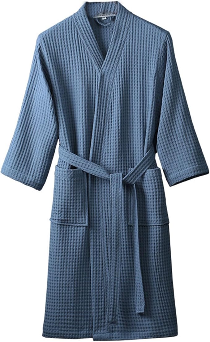 Waffle Bathrobe for Men Women, 100% Cotton Kimono Robes with Pockets & Belt, Soft Absorbent Knee-Length Robe for Bath Spa