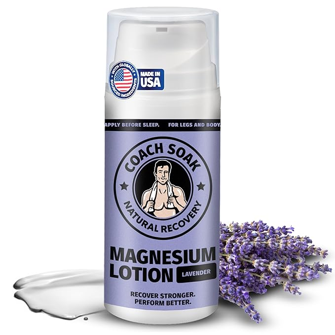 Coach Soak Magnesium Lotion with MSM & Menthol, Lavender 3.4 oz | Magnesium Chloride Non-Greasy Alternative to Epsom Salt Lotion and Cream - Apply Before Sleep for Feet, Leg Cramps & Body