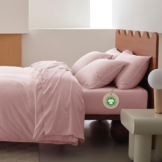 Double Stitch 100% Organic Cotton Sheets, King Size Sheets Set, GOTS Certified Long Staple Cotton Bedsheets, Luxury & Soft Hotel Bed Sheets with 16 inches Deep Pocket, Made in India Light Pink