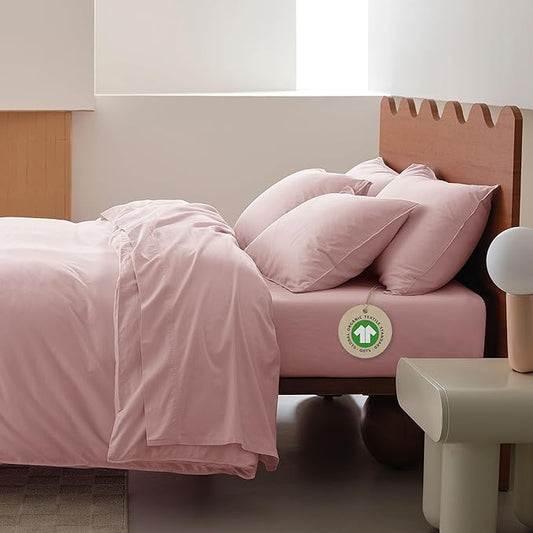 Double Stitch 100% Organic Cotton Sheets, King Size Sheets Set, GOTS Certified Long Staple Cotton Bedsheets, Luxury & Soft Hotel Bed Sheets with 16 inches Deep Pocket, Made in India Light Pink