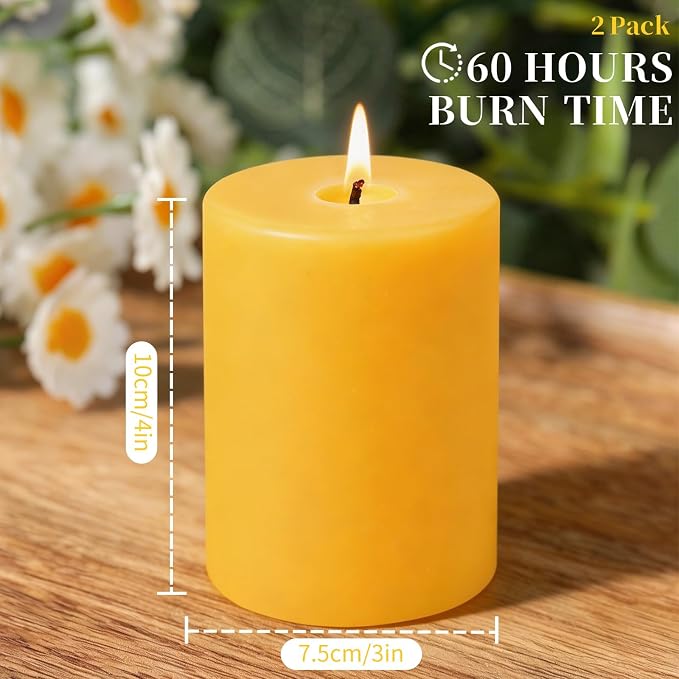 2 Packs 3"x 4" Natural Beeswax Pillar Candles, 100% Pure Beeswax Candle 120 Hours Long Burning Emergency Candle, Unscented Bees Wax Candles for Home Decor, Air Purification, Smokeless & Dripless