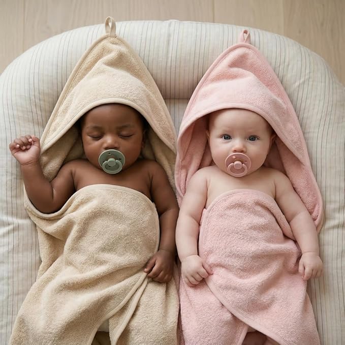 Hooded Baby Towels – 100% Organic Cotton Baby Bath Towels – Baby Girl Newborn Essentials - Super-Soft and Absorbent.. (2-Pack Fog and Blush)