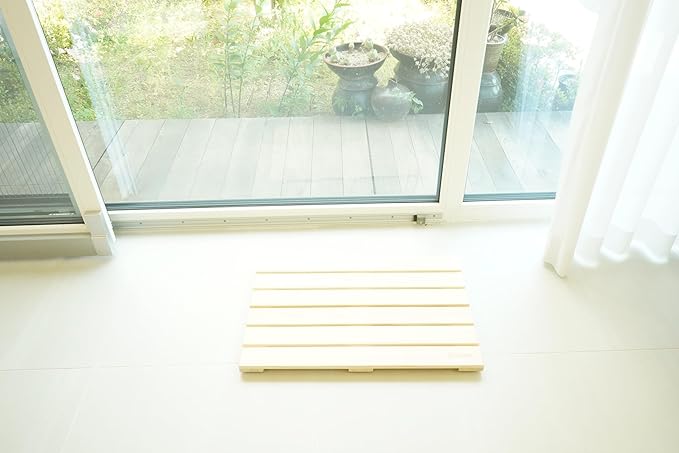 BOUMBI Hinoki Wood Bath Mat with Non-Slip Rubber Pad Cypress Wood Shower Mat (25.6 x 17 x 1 Inches)