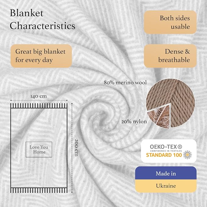 LYHome Merino Wool Blanket - Warm Throw for Cold Weather, Warmest Travel Outdoor Camping Blankets, Picnic Army and Military Throws, Comforter Soft & Cozy (55" x 79" Dark Grey with White Chevron)