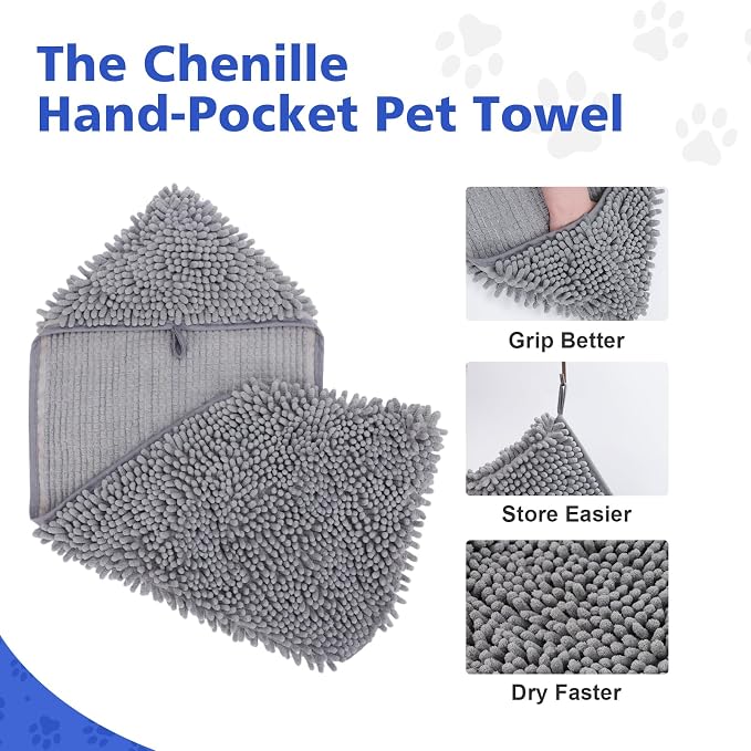 WOUSEDO Microfiber Chenille Dog Towel 1 Pack, Super Absorbent & Quick Dry | Pet Bath Shammy Towel, 13.8 x 31.5 Inches, Wash Grooming Towels for Small to Large Pets, Grey