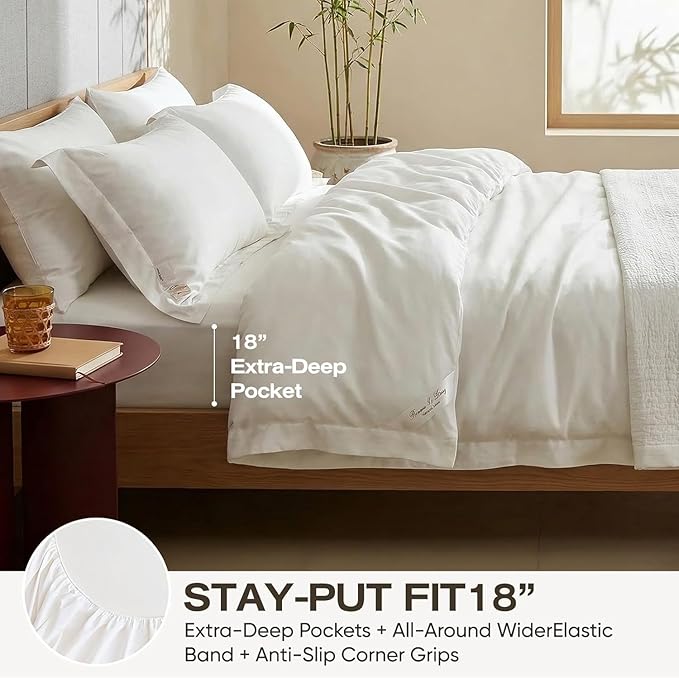 Real 100% Viscose Derived from Bamboo Sheets Set King Size, Cooling & Silky Soft for Hot Sleeper, Luxury with Breathable & Moisture Wicking Fabric, 18" Deep Pocket with Corner Straps (White, King)