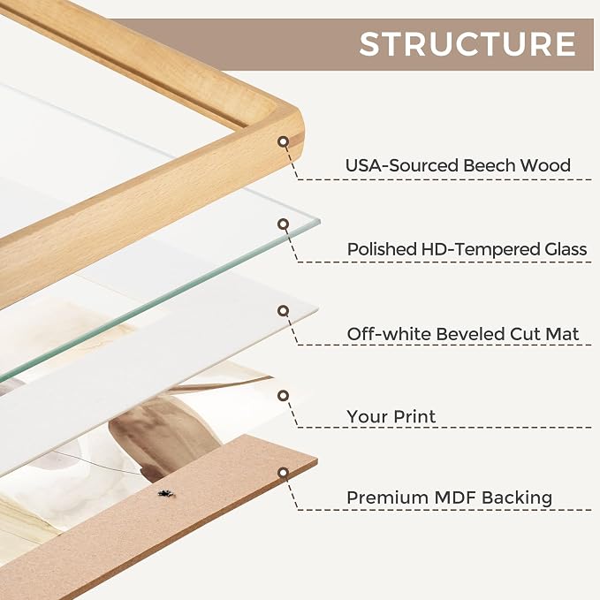 16 x 20 Picture Frame, USA-Sourced Beech Wood Photo Frames with HD Tempered Glass, Handcrafted Rounded Corner 16x20 Wooden Frames Matted to 11x14 Photos, Horizontal or Vertical Wall Display, 2 Pack