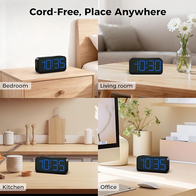 Acedeck Battery Operated Digital Clock: Cordless Small Alarm Clock for Bedroom Travel - Large Numbers 4 Dimmers for All Ages Blue Digits