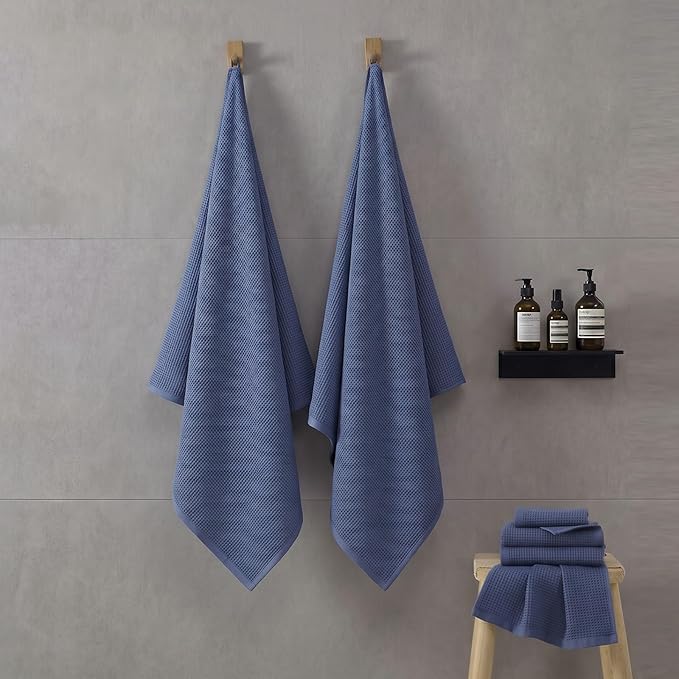 ecolook 6-Piece Waffle Weave Towel Set, 100% Cotton, Lightweight, Absorbent & Quick-Drying, 2 Bath Towels (31×63 in), 2 Hand Towels, 2 Washcloths, Lint-Free for Bathroom, Pool, Gym, Travel - Blue