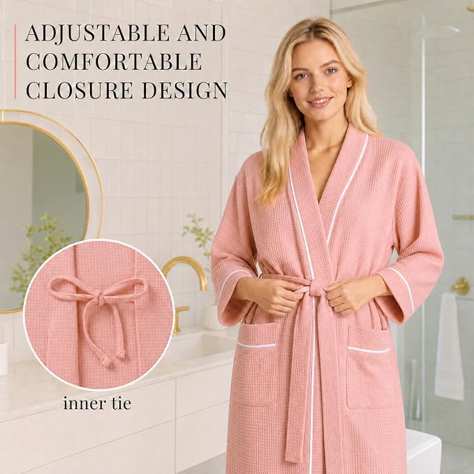 Inner Wish Women's Cotton Waffle Kimono Robe, Lightweight Quick Dry Spa Shower Robe with Pockets