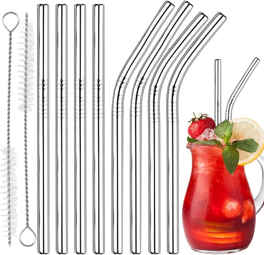 10-Pack Stainless Steel Smoothie Straws Reusable - 4 Straight and 4 Bent 5'' Straw with 2 Cleaning Brushes - 0.24'' Wide Metal Drinking Straws for Milkshake, Smoothie, Beverage