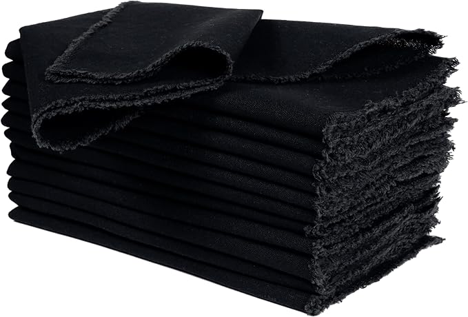 Ramanta Home Cloth Napkins Set of 12 Black 18x18 Inch - Spring Soft & Durable Frayed Dinner Napkin for Easter Wedding, Birthday, Party | Heavy Weight Fabric Table Linen for Everyday Use Family Dinners