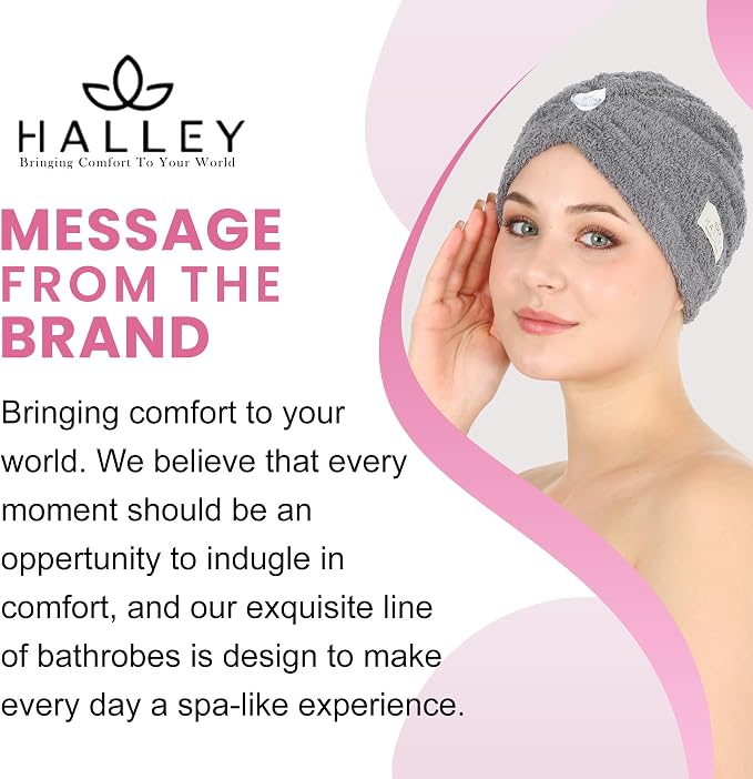 HALLEY Cotton Hair Towel Wrap (3 Packs) Super Absorbent Fast Drying Hair Towel for Thick Hair Turbans for Wet Hair with Button (Blue, White, Grey)