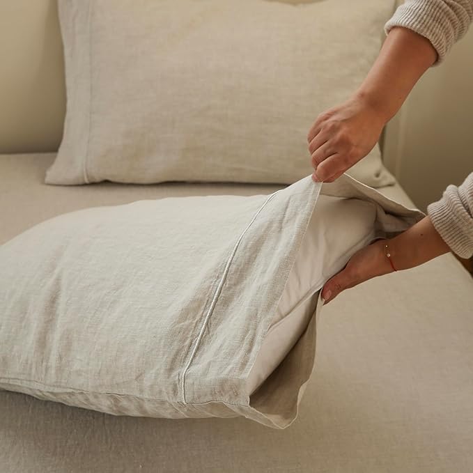 100% French Linen Pillowcases with Embroidery - Pack of 2 - Washed Solid Color Natural Flax Soft Breathable - Linen, 20'' x 30''