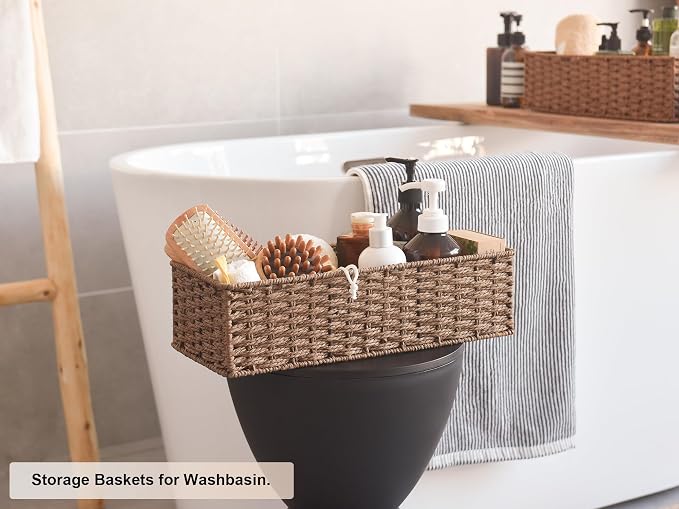 StorageWorks Round Paper Rope Toilet Tank Topper Basket, Wicker Basket for Bathroom, Brown, 2-Pack