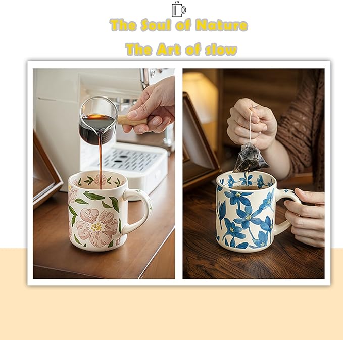 Ceramic Mugs for Men & Women, Unique Microwave & Dishwasher Safe Tea/Coffee Rustic Stoneware Cups for Office & Home (Blue Straight Flower Mug)