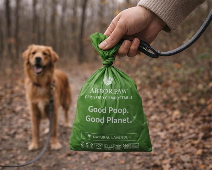 Arbor Paw Compostable Dog Waste Bags, BPI Certified ASTM D6400, Extra Thick 20 Micron, Lavender Scented, 240 Bags (16 Rolls × 15)