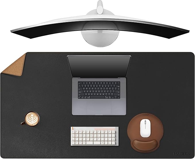 MAIDERN 40' x 16' Cork & Leather Desk Pad, XXL Reversible Gaming Home Office Mat (Black)