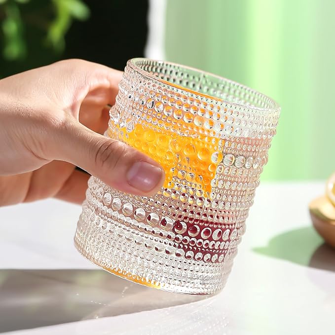 Amyoole 12oz Hobnail Drinking Glasses Set of 6,Clear Vintage Glassware Embossed Water Tumbler,Cocktail Glass Cups for Beer,Whiskey,Juice and Various Mixed Drinks