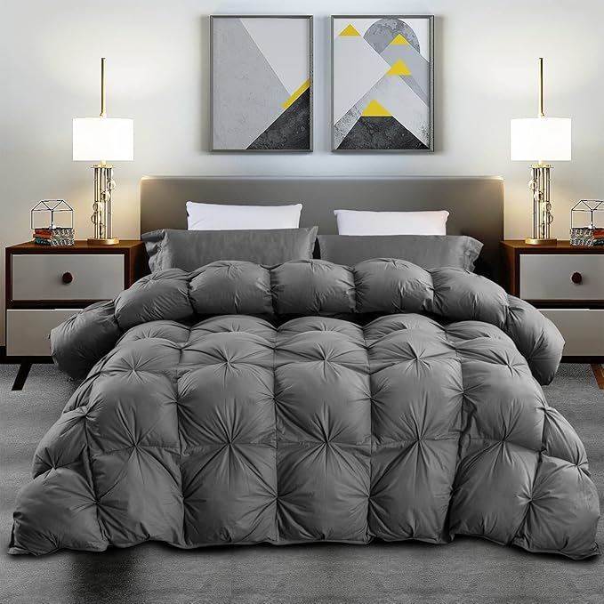 Luxurious Palatial King/Super King Goose Down Comforter, 120 X 90 inches, Unique Gray Pinch Pleat, 600 Thread Count, 100% Egyptian Cotton Cover, 85 Oz Fill Weight, 750 Fill Power