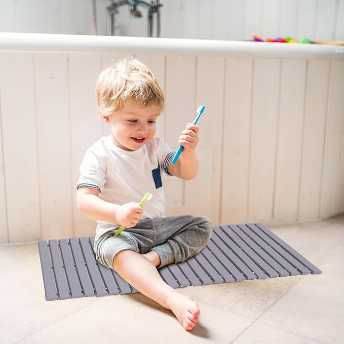 Bath Mat Bathroom Rugs Floor Wood Shower Bathtub Waterproof Non Slip Grey Accessories 16x24 Inch Easy to Clean, 2 pcs