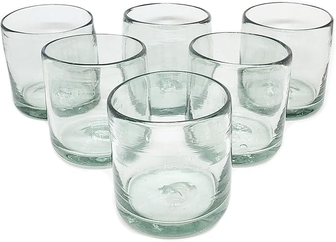 Clear Blown 8 oz DOF Rocks Glasses (set of 6) - Hand Blown Mexican Glassware Recycled Glass Drinking Glasses for Water, Juice, Margarita, Cocktails & Whiskey, Toxin Free